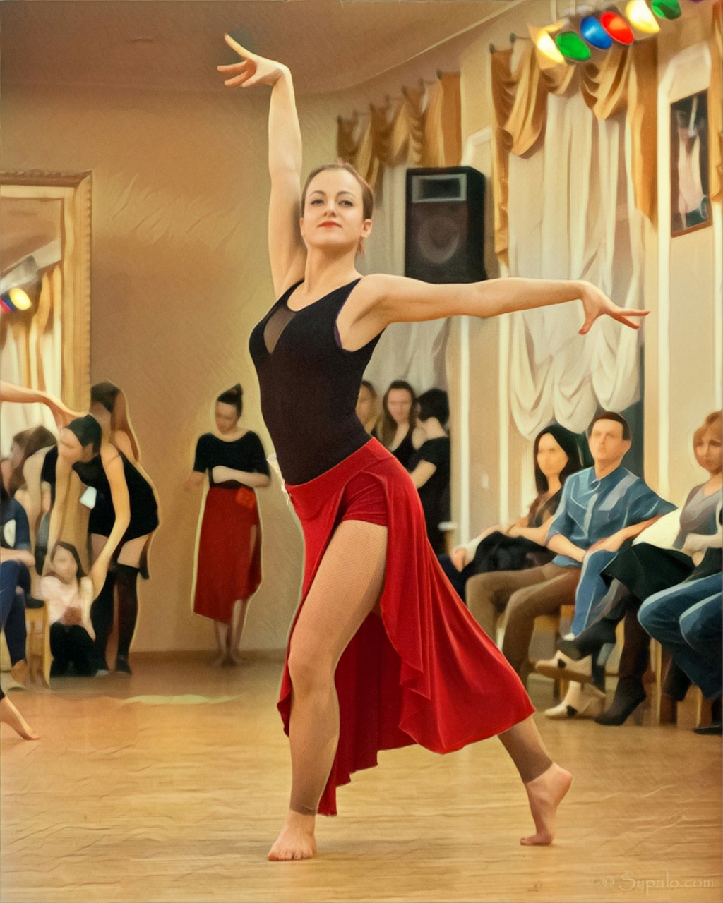 A woman in a red dress dancing tango
